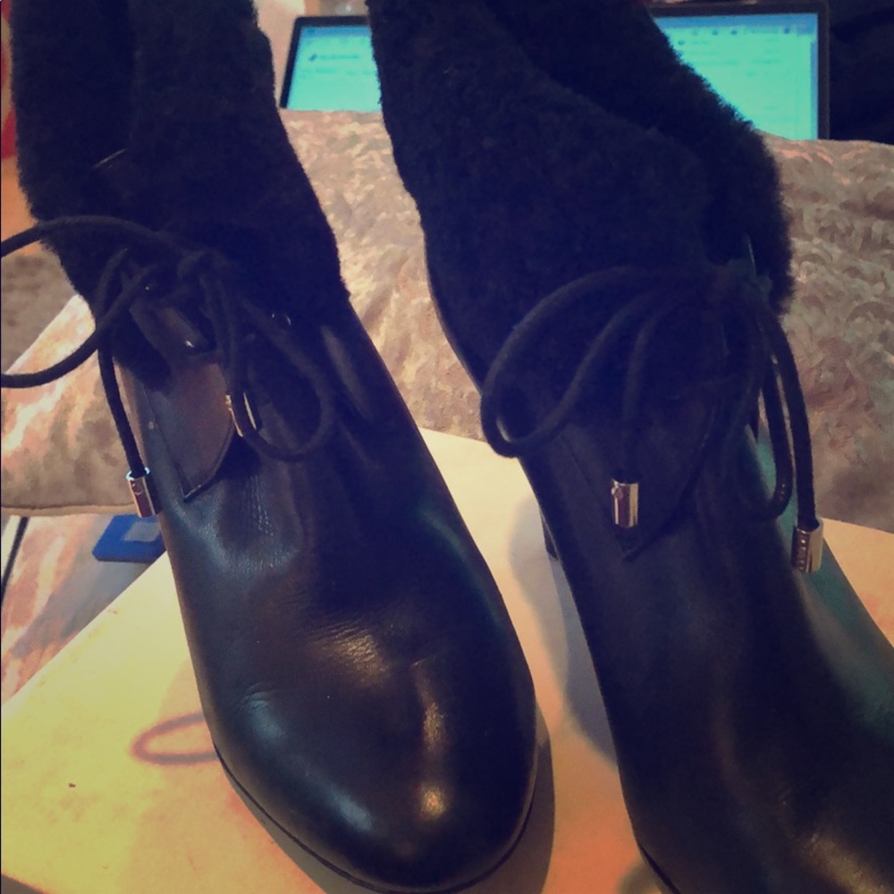 Coach Booties.  Leather and dyed sheep fur